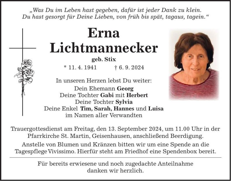 Traueranzeige Erna Lichtmannecker