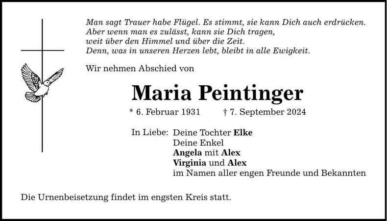 Traueranzeige Maria Peintinger