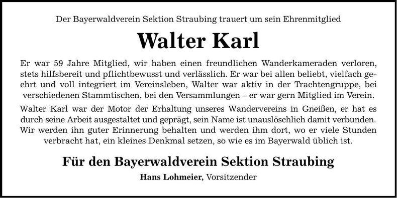 Traueranzeige Walter Karl