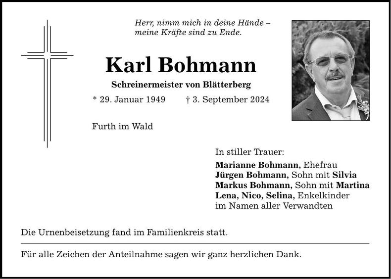 Traueranzeige Karl Bohmann