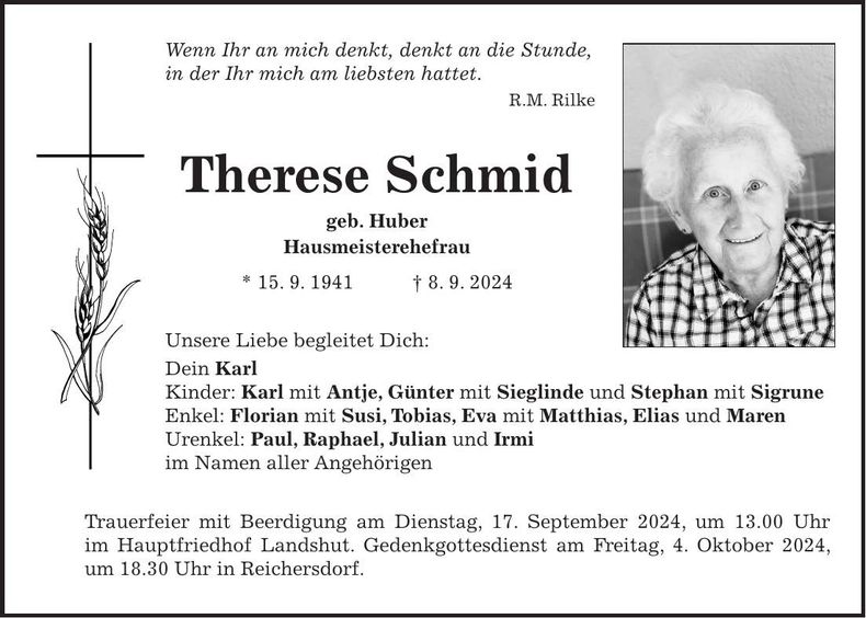 Traueranzeige Therese Schmid