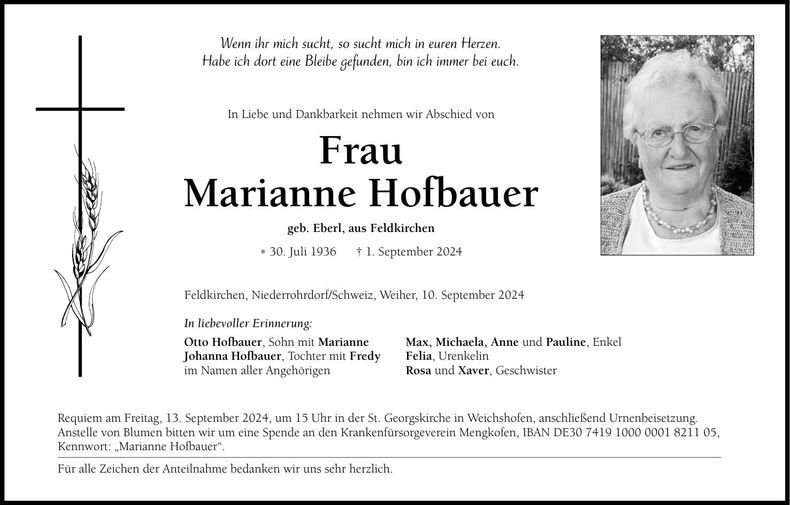 Traueranzeige Marianne Hofbauer