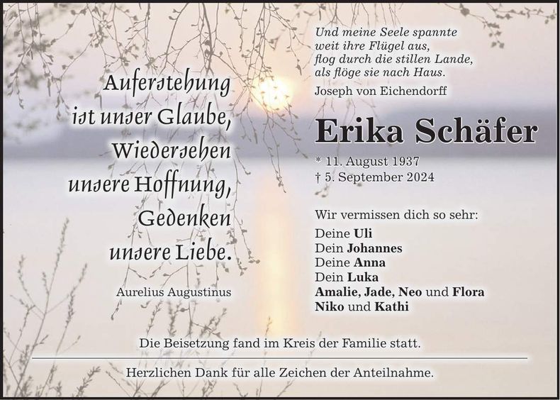 Traueranzeige Erika Schäfer