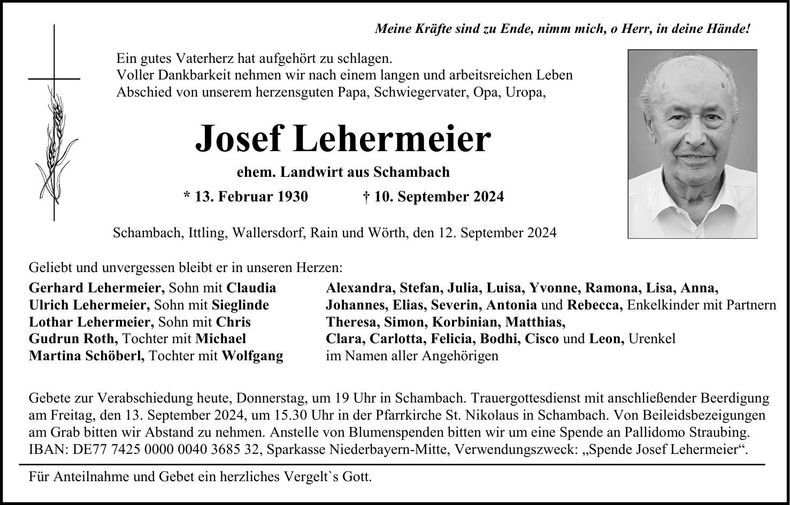 Traueranzeige Josef Lehermeier