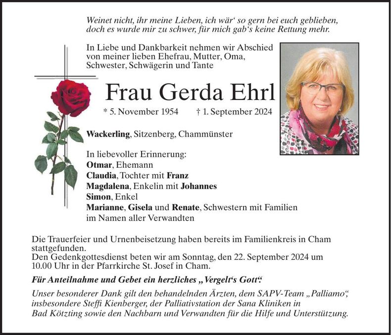 Traueranzeige Gerda Ehrl