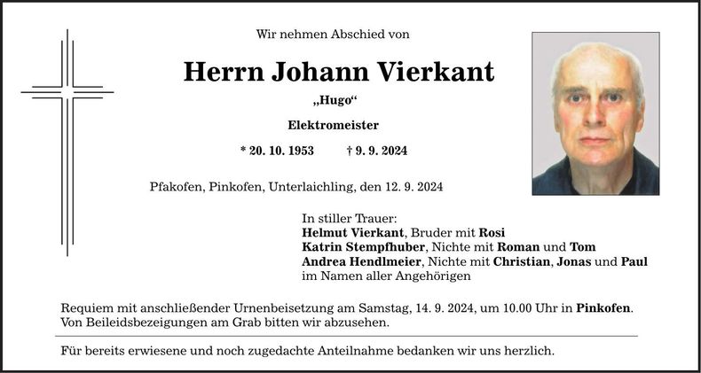 Traueranzeige Johann Vierkant
