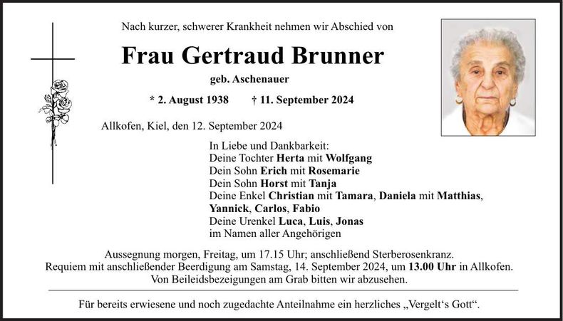 Traueranzeige Gertraud Brunner