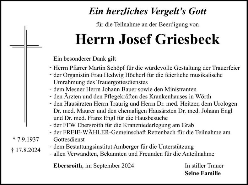 Traueranzeige Josef Griesbeck