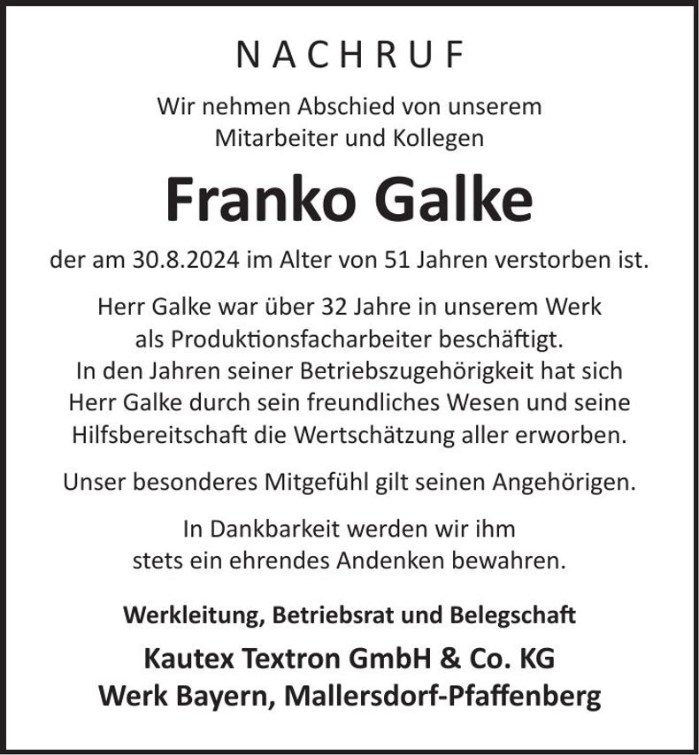 Traueranzeige Franco Galke