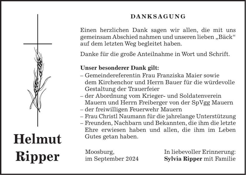 Traueranzeige Helmut Ripper