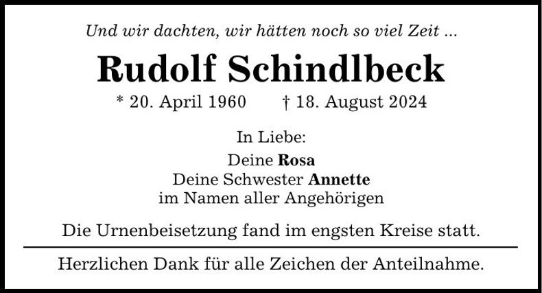 Traueranzeige Rudolf Schindlbeck