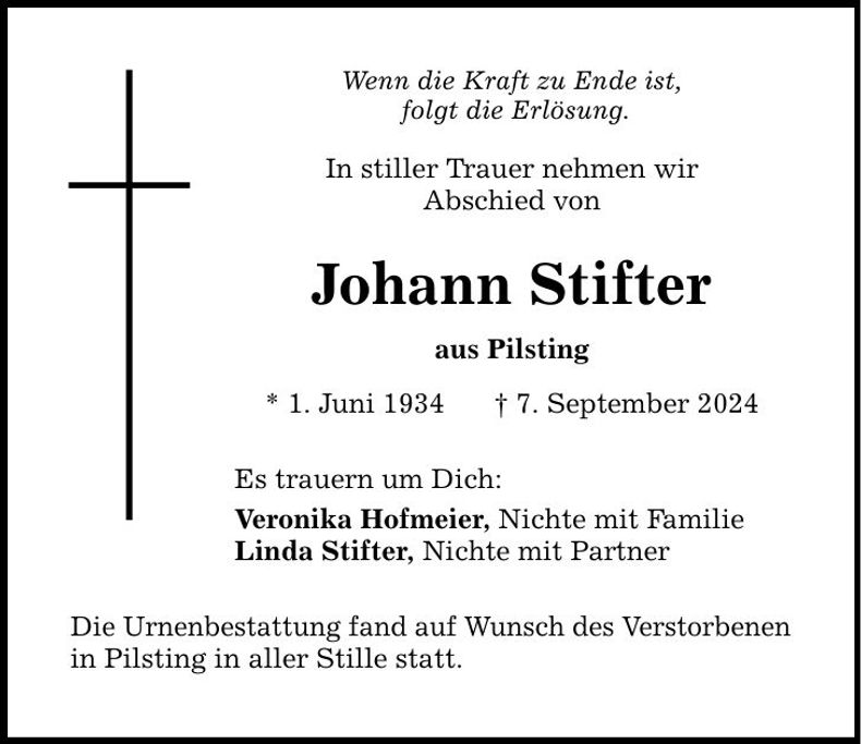 Traueranzeige Johann Stifter