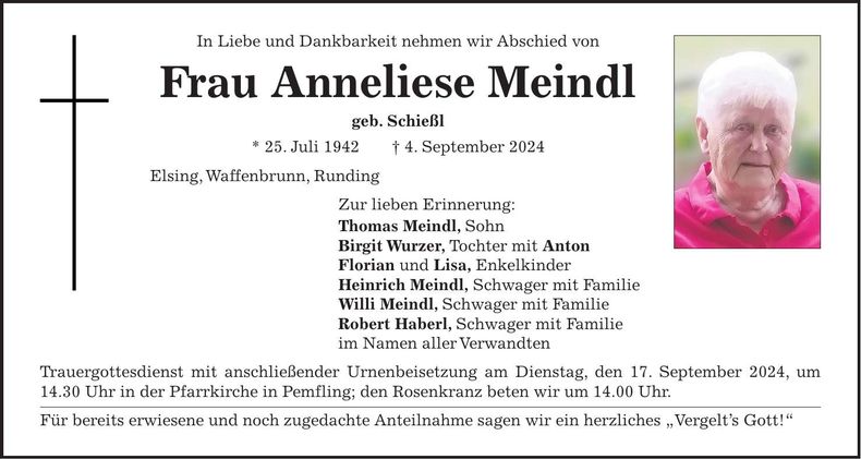 Traueranzeige Anneliese Meindl