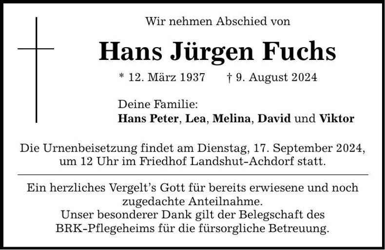 Traueranzeige Hans Jürgen Fuchs