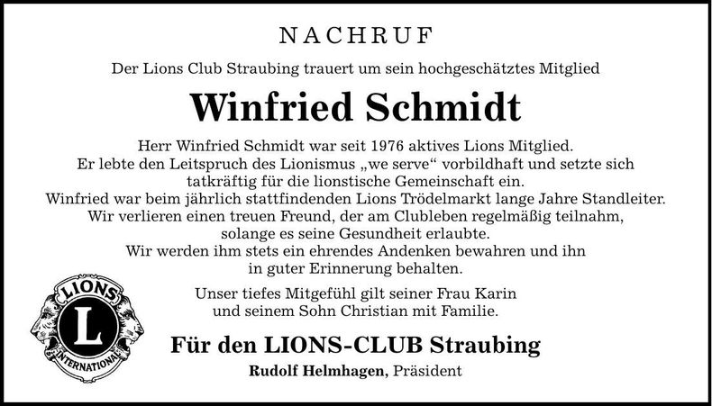 Traueranzeige Winfried Schmidt