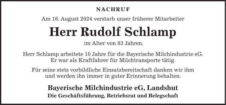 Traueranzeige Rudolf Schlamp