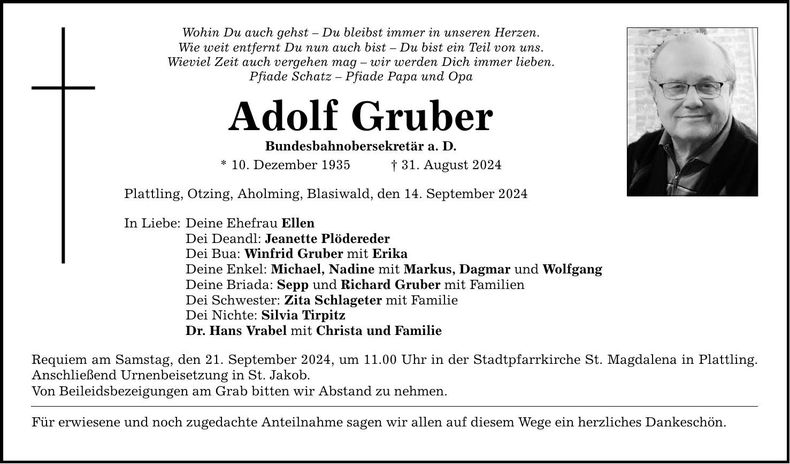 Traueranzeige Adolf Gruber