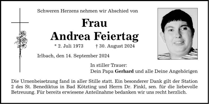 Traueranzeige Andrea Feiertag