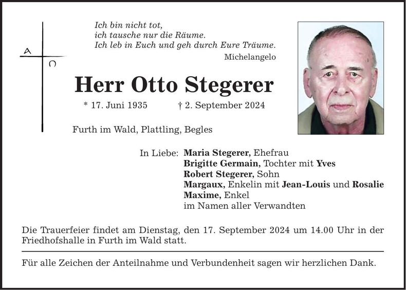 Traueranzeige Otto Stegerer