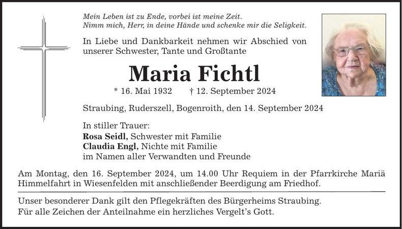 Traueranzeige Maria Fichtl