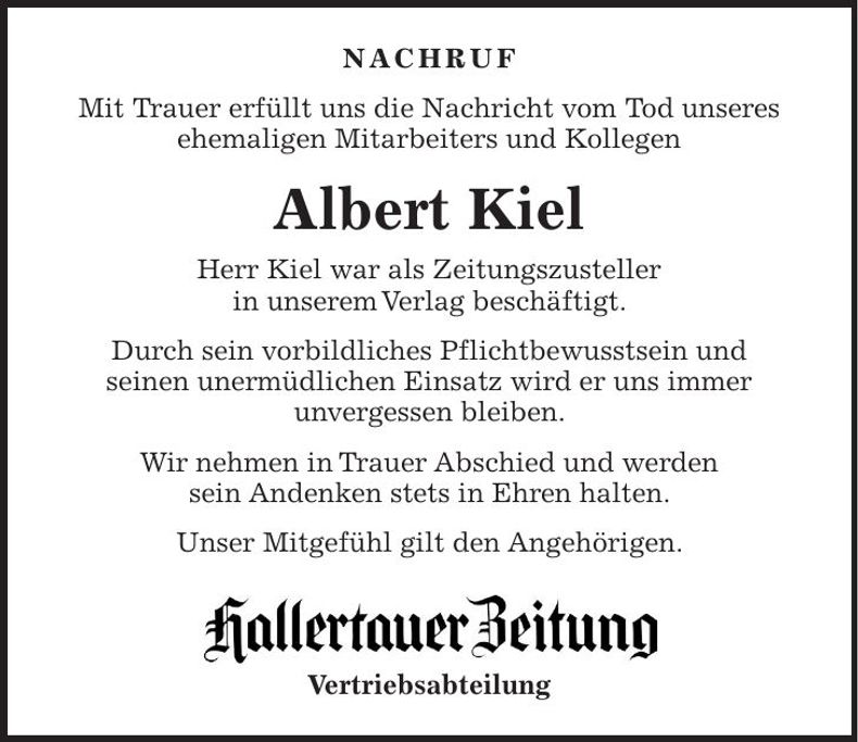 Traueranzeige Albert Kiel