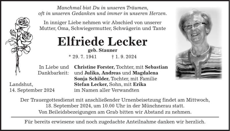 Traueranzeige Elfriede Lecker