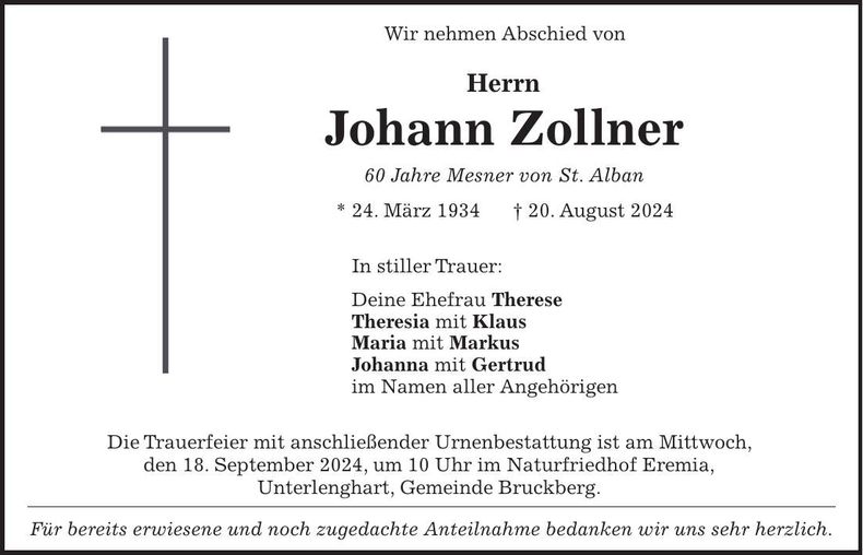 Traueranzeige Johann Zollner