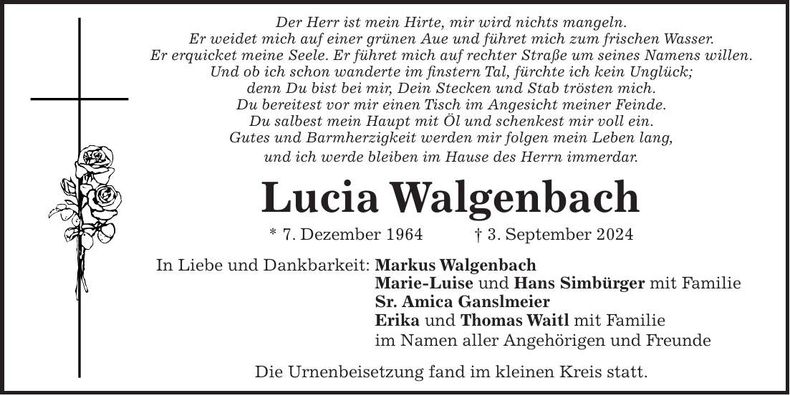 Traueranzeige Lucia Walgenbach