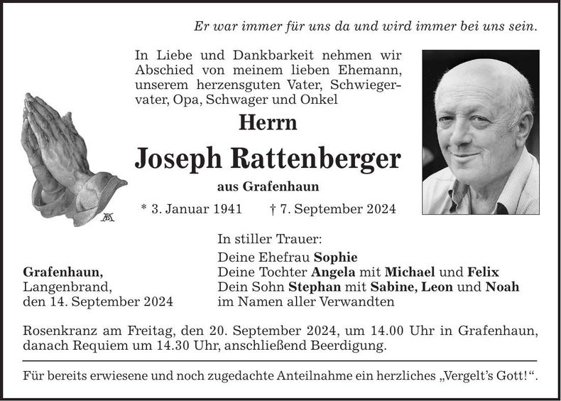 Traueranzeige Joseph Rattenberger