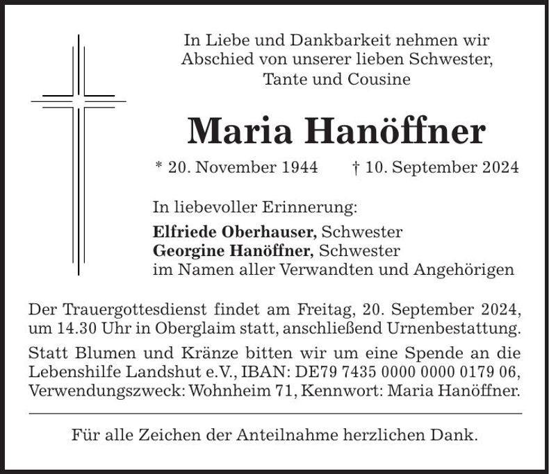 Traueranzeige Maria Hanöffner