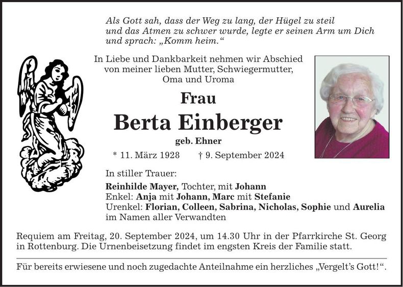 Traueranzeige Berta Einberger