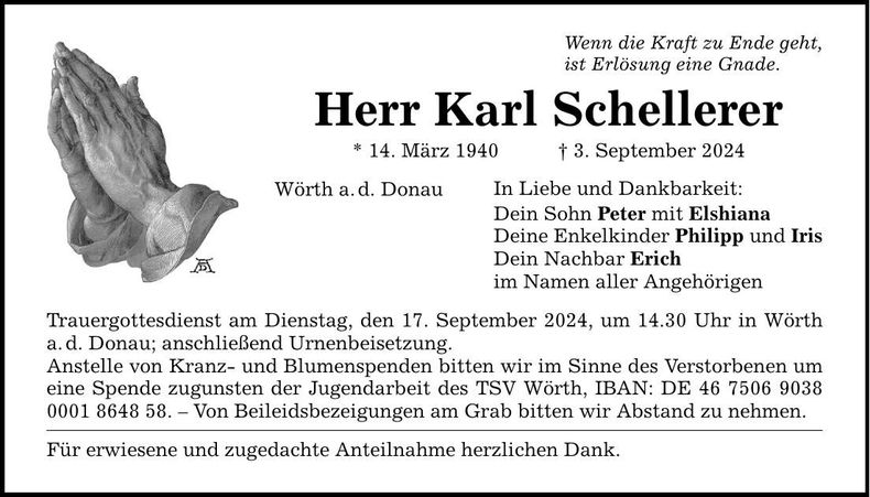 Traueranzeige Karl Schellerer