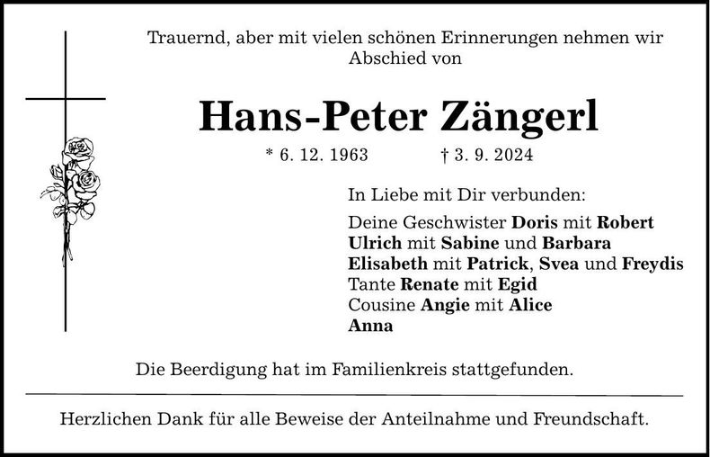 Traueranzeige Hans-Peter Zängerl