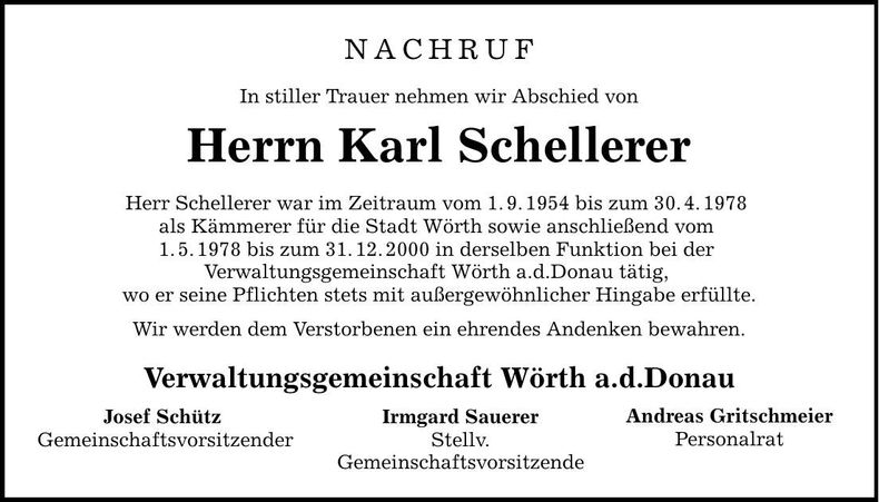 Traueranzeige Karl Schellerer