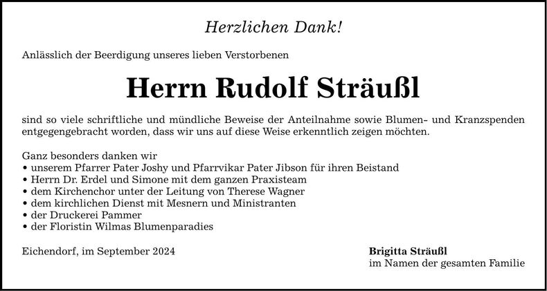 Traueranzeige Rudolf Sträußl