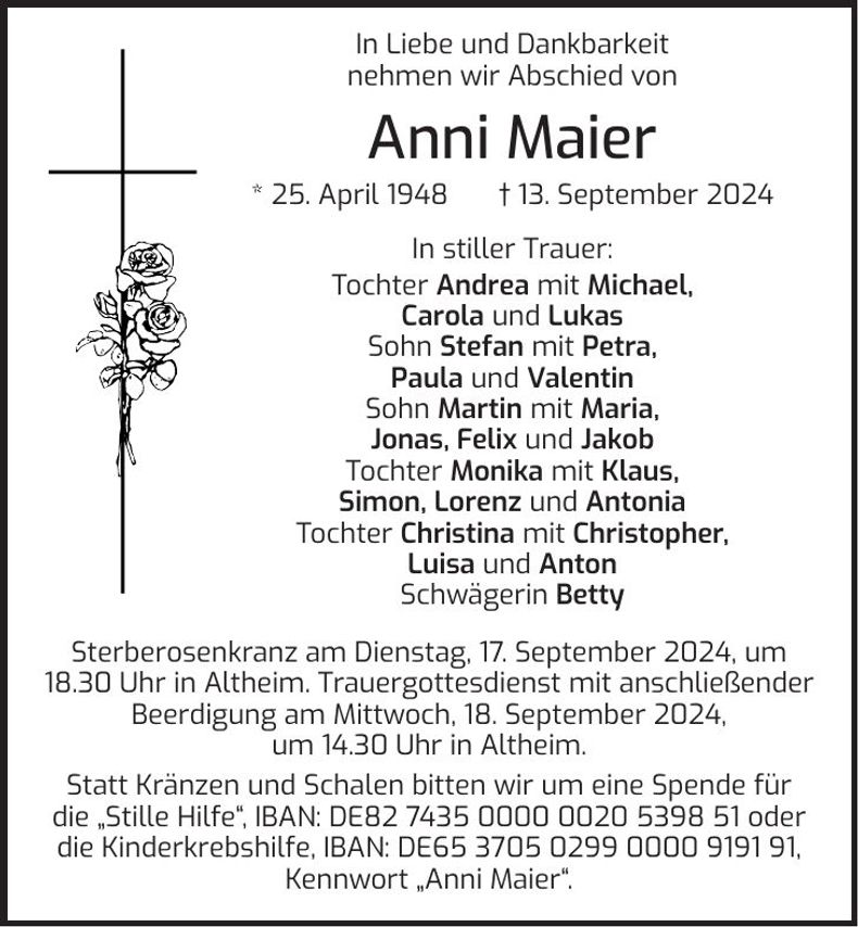 Traueranzeige Anni Maier