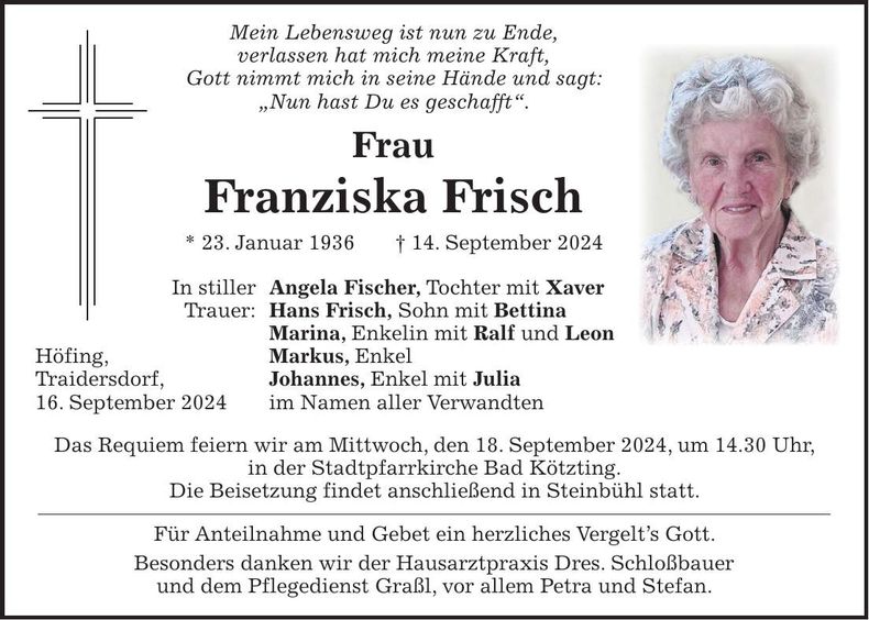 Traueranzeige Franzsika Frisch