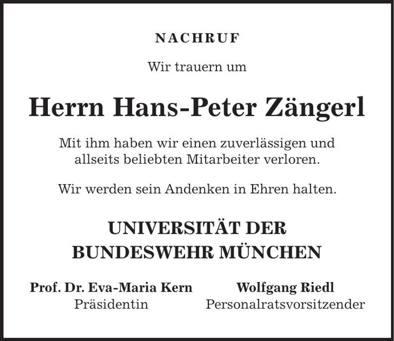 Traueranzeige Hans-Peter Zängerl