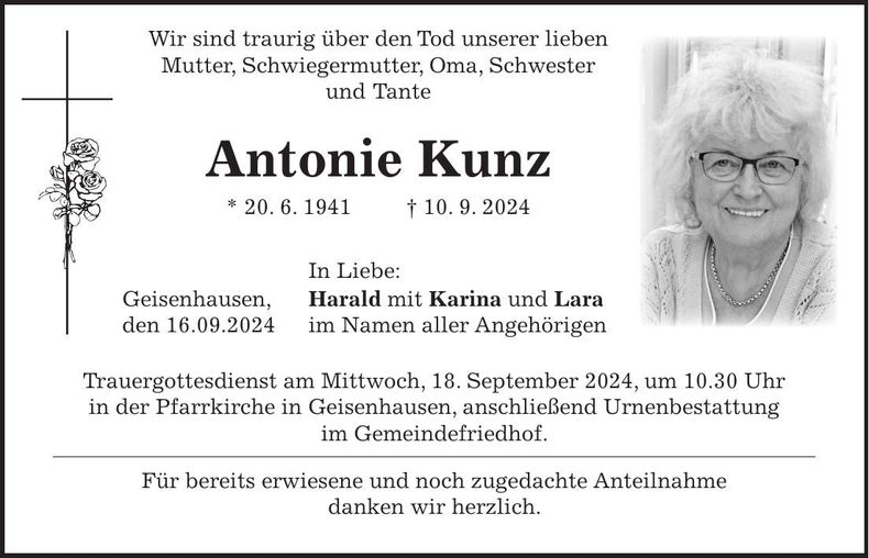 Traueranzeige Antonie Kunz