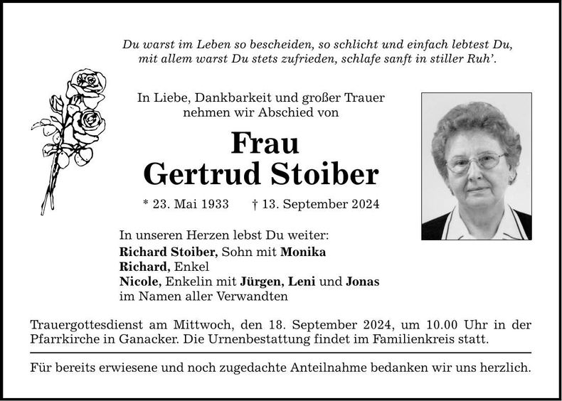 Traueranzeige Gertrud Stoiber