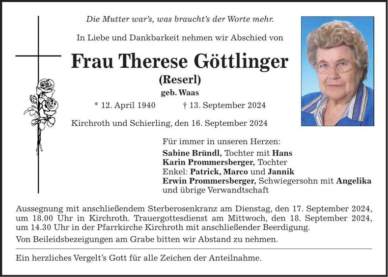 Traueranzeige Therese Göttlinger