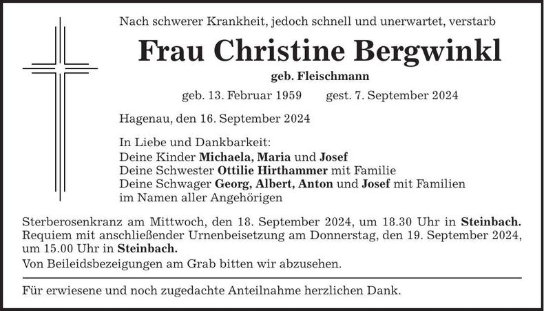 Traueranzeige Christine Bergwinkl