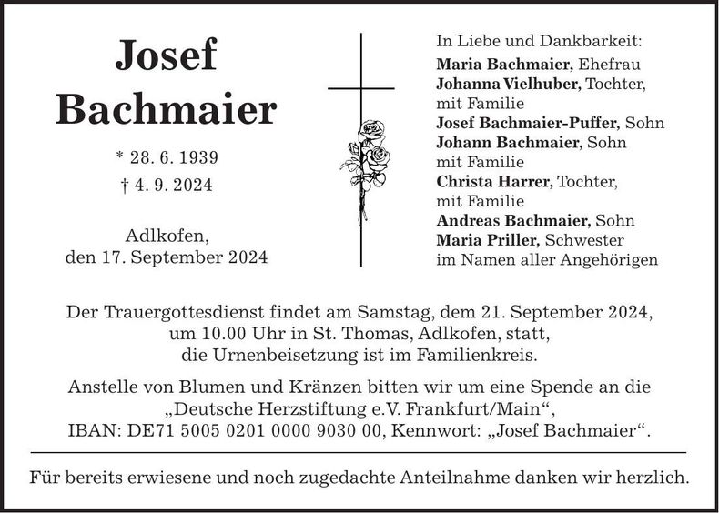 Traueranzeige Josef Bachmaier