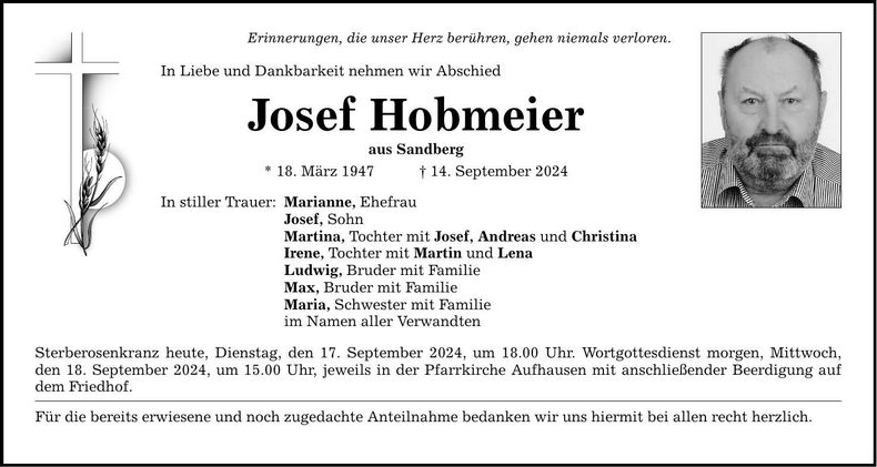 Traueranzeige Josef Hobmeier