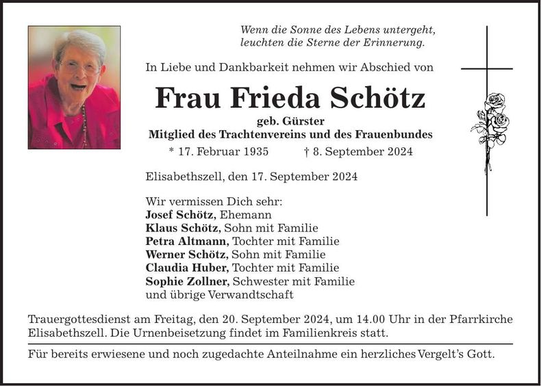 Traueranzeige Frieda Schötz
