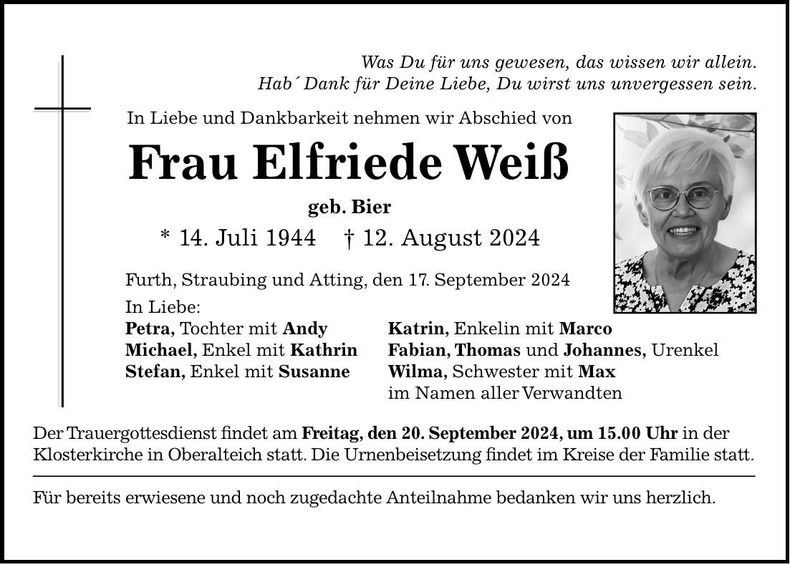 Traueranzeige Elfriede Weiß