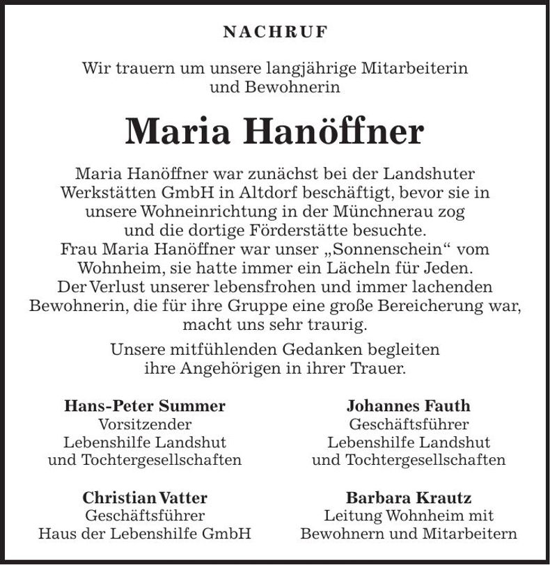 Traueranzeige Maria Hanöffner