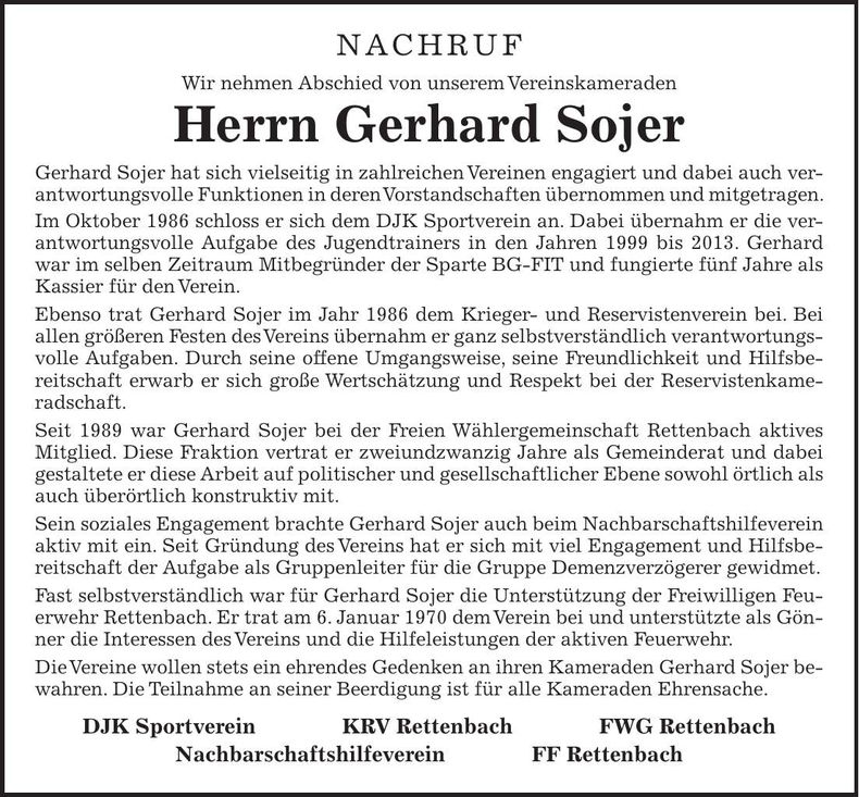 Traueranzeige Gerhard Sojer