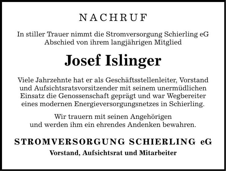 Traueranzeige Josef Islinger