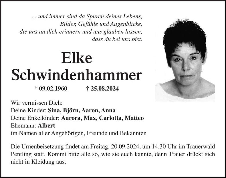 Traueranzeige Elke Schwindenhammer